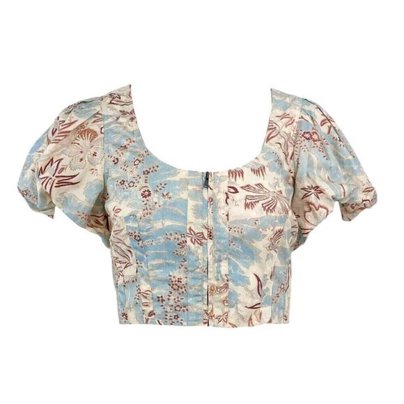 ULLA JOHNSON Kalena Floral Poplin Crop Top Puff Sleeve Front Zip Gardenia Sz 10 - Picture 6 of 15